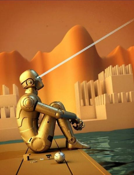 A golden robot sitting at the water's edge of a desert city, a beam of light from its eye