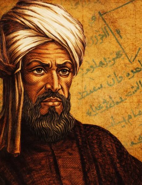 A scholar in a turban before a page of Arabic script and a drawn triangle