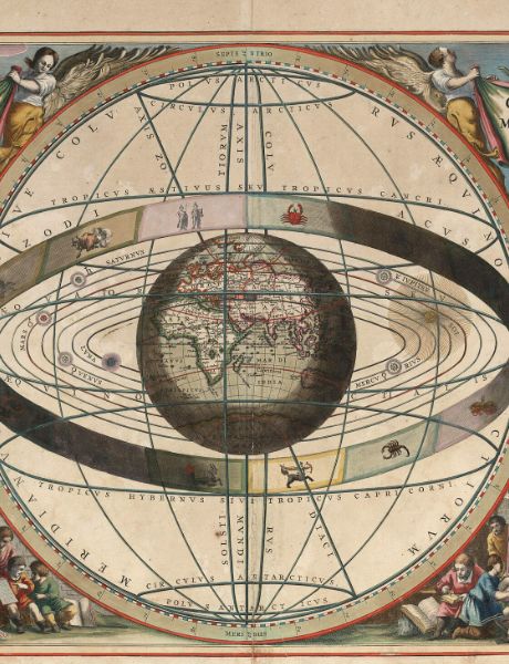 A hand-coloured seventeenth-century chart of the heavens: the earth ringed by the paths of the planets