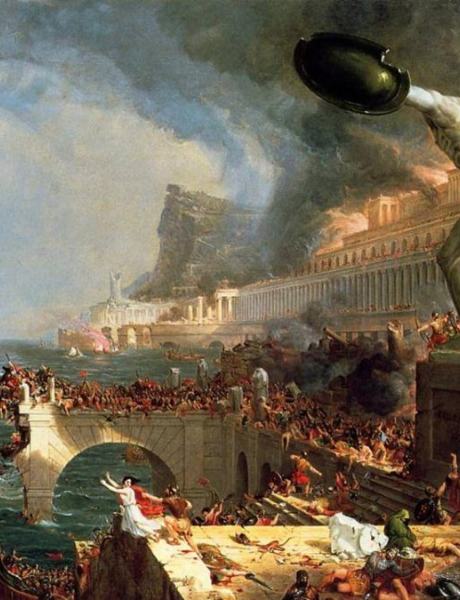 A painted city sacked and burning, a colossal statue standing above the bridge